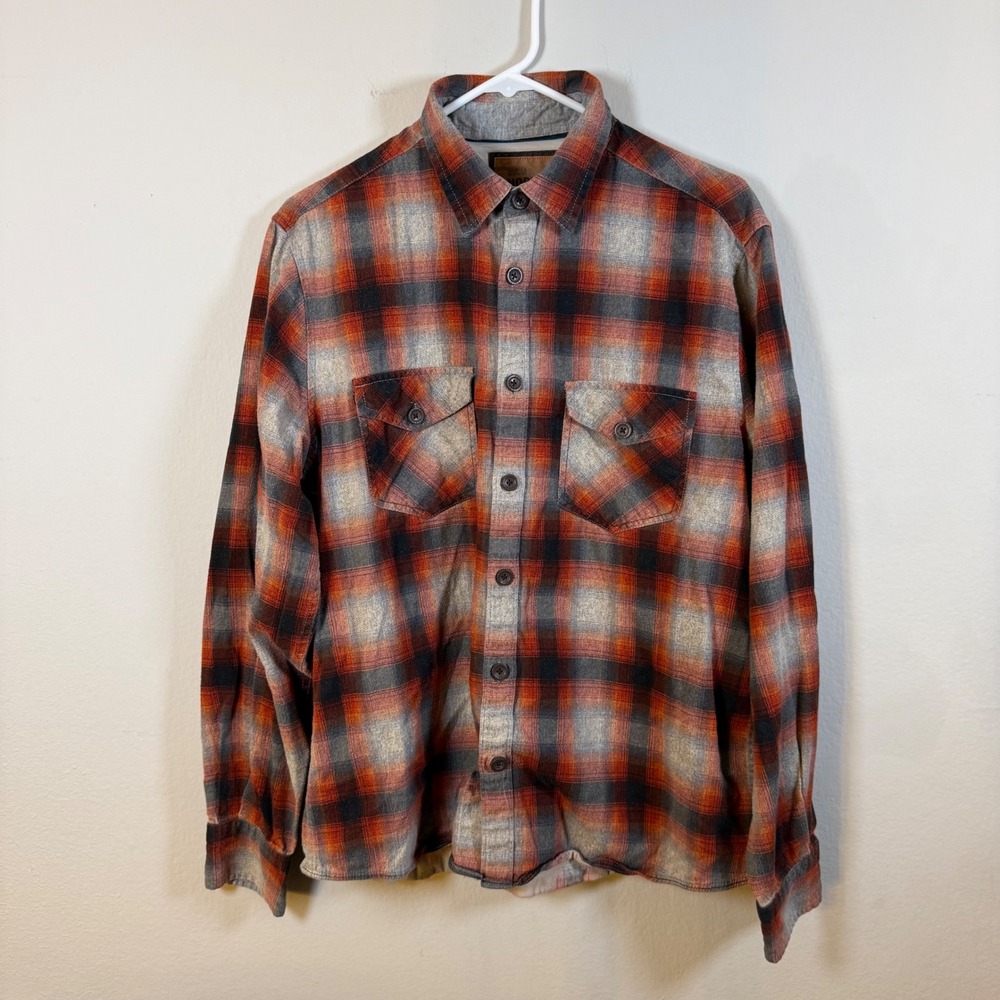MENS NORTH COAST PLAID FLANNEL BUTTON UP SHIRT ORANGE GREY BLACK SIZE L
